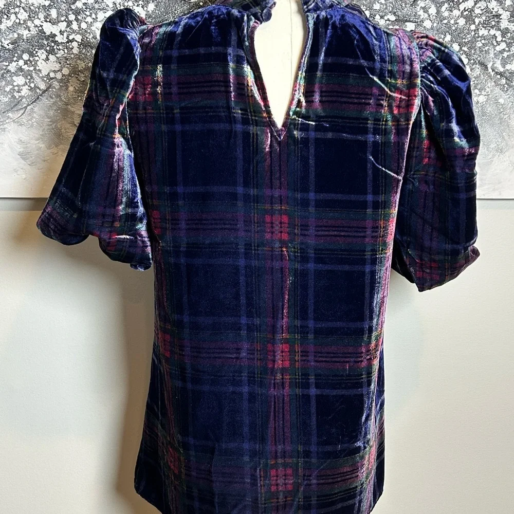 Boden Velvet Plaid Puff Sleeve Top - Navy, Red & Green size US 4 UK 8